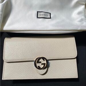 Gucci Ivory Pebbled Leather WOC with Gold Interlocking G